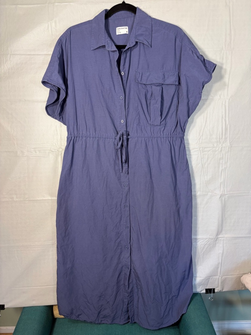 106. Frank & Oak Button-Front Drawstring Shirt Dress in Dusty Blue